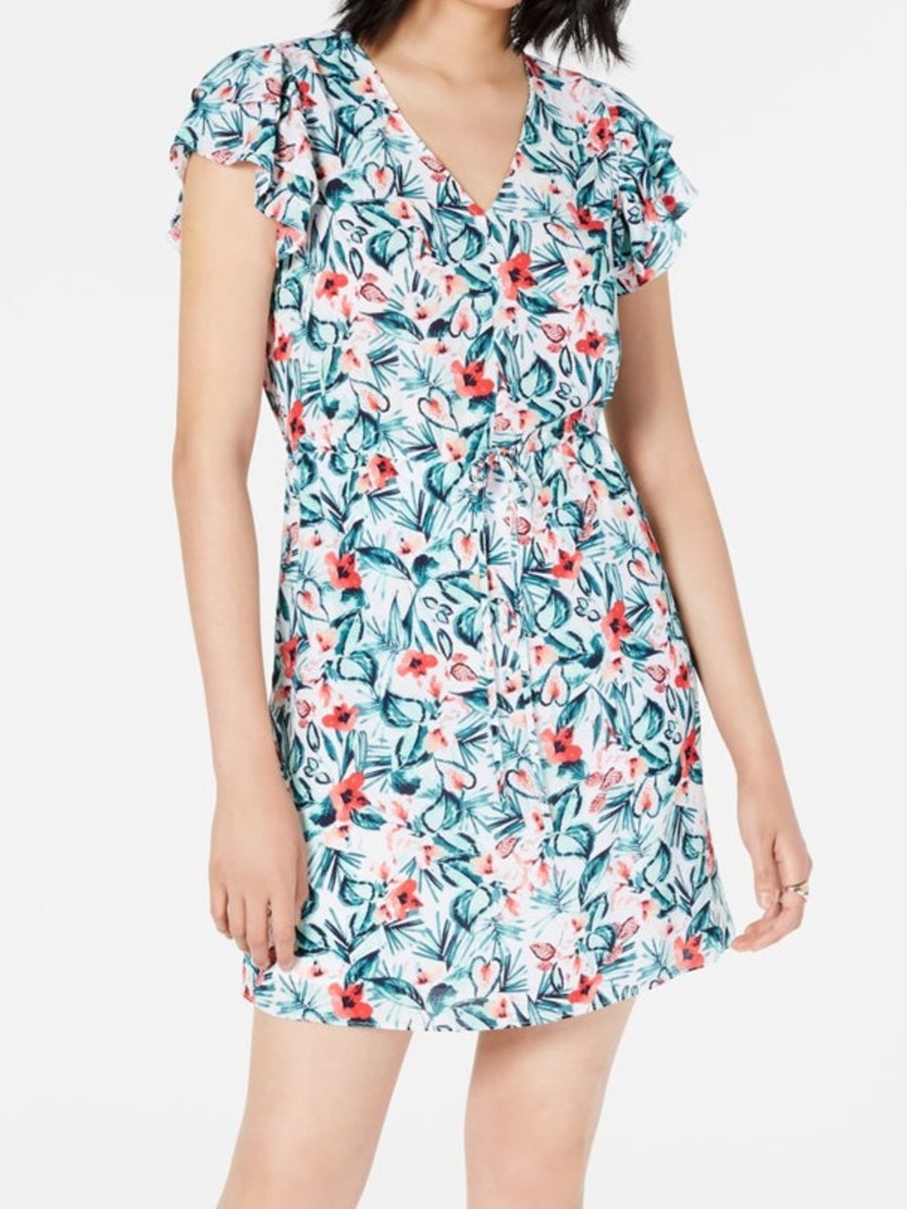 MAISON JULES Women’s White Floral Cap Sleeve V-Neck Tie Waist Dress (Size XL)